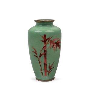 Japanese cloisonne vase bamboo decoration on green ground,…