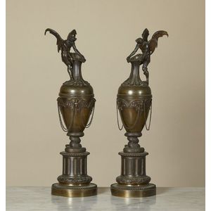 A pair of French bronze ewers, attributed to Jean-Jacques…