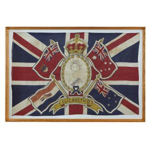 A Queen Elizabeth II Coronation flag 1953, printed cotton, 58.5…