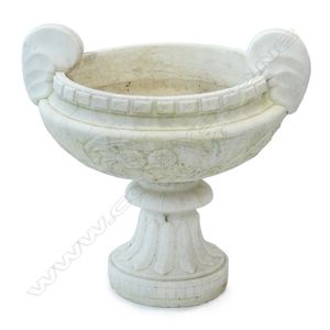 A white marble urn on stand, classical squat campana form. 60 x…