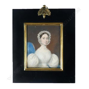 A George III hand painted portrait miniature of a young woman,…