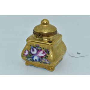Limoges gilt porcelain lidded inkwell with handpainted floral…