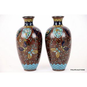 A pair of cloisonne vases in the manner of Takahara, Meiji…