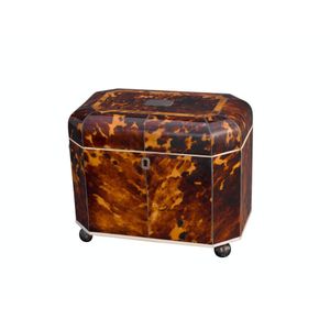 A Regency tortoiseshell, ivory silver strung tea caddy, circa…
