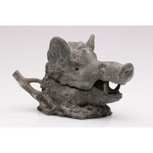 An unusual pewter boars head form inkwell, length 20 cm,…