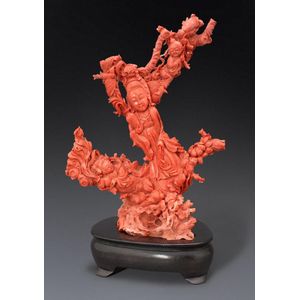 A carved coral group of Guanyin with Shancai and Xiaolongnu,&hellip;