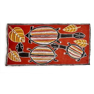 An Aboriginal bark painting, tortoises and leaves, roughly…