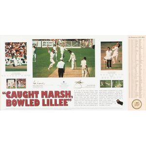 Signed Cricket Displays, noted 'Caught Marsh, Bowled Lillee'…