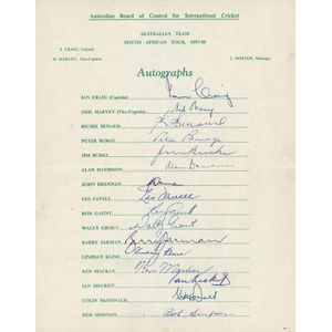 1957-58 Australian Team to South Africa, official team sheet…