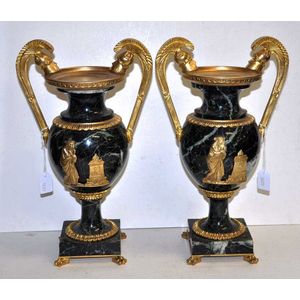 Pair of marble & ormulo urns with classical figural decoration,…