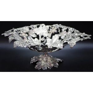 Silver plated pierced footed grape bowl, 13 cm height, 34 cm…
