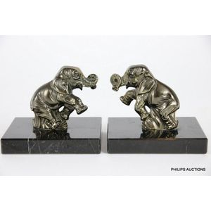 A pair of Art Deco elephant spelter book ends, circa 1930,…
