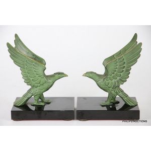 A pair of Art Deco bird of prey spelter book ends, circa 1930,…