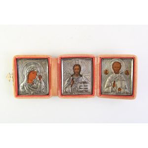 Russian Orthodox silver triptych icon carry case depicting Mary…