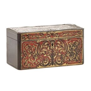 An antique French tea caddy in boulle style marquetry, 19th…