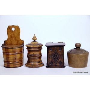 Four antique wooden treen kitchenalia objects, a salt box,…