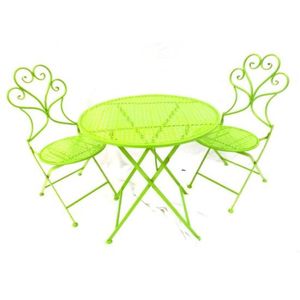 A bright green metal Cafe table & pair of folding chairs,…