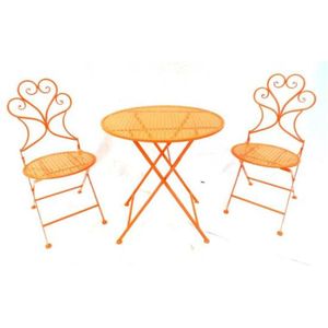 A bright orange metal Cafe table & pair of folding chairs,…