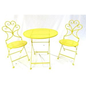 A lime yellow metal Cafe table & pair of folding chairs,…