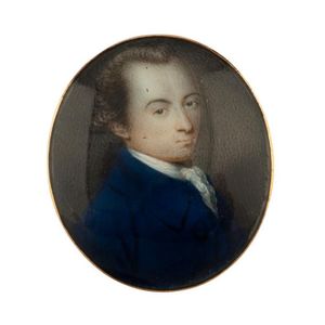 An 18th century miniature portrait of a gent in a blue coat,…
