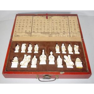 Boxed Chinese ceramic chess set painted red wood box with…