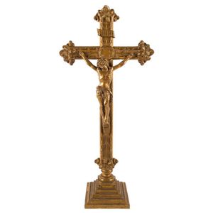 An alter piece standing crucifix, gilded and cast metal, late…