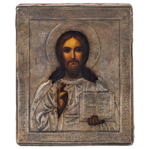 A 19th century Russian icon in silver mount, 13.5 x 11.5 cm