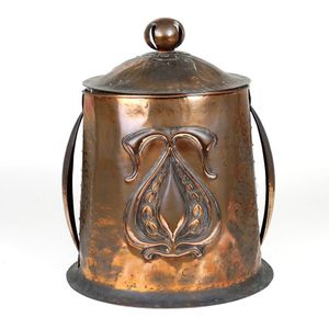 An Arts & Crafts copper coal bin, tapering cylindrical shape,…
