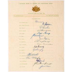 1956 Australian team on Tour: official team sheet with 16…