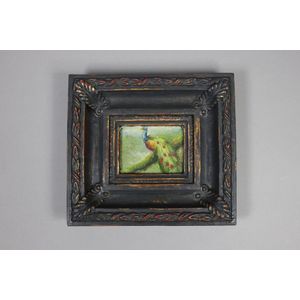 Miniature oil on board painting of a peacock in painted frame,…