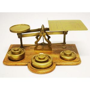 Antique Postal Scales, Letter Scales, Inland Letters, Scales With Weights,  8 Ounce Weight, Wood and Brass, Industrial Look, Desk Feature 