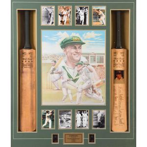 Don Bradman Display, comprising signature on replica 'Sykes…