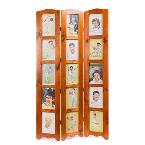 Screen: Tri-fold wooden screen with 15 signed caricatures,…