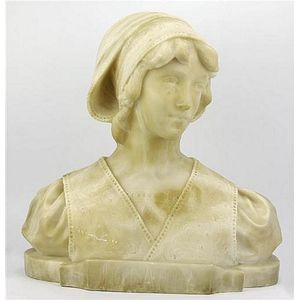 Alabaster carved bust of a young girl entitled 'Iolanda' her…