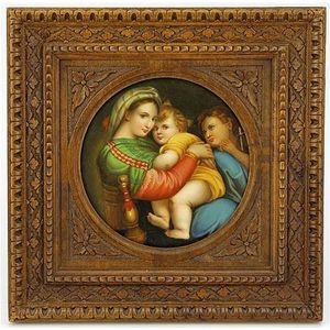 Firenze porcelain plaque of Madonna Della Sedia in a carved…