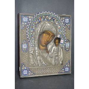 19th century Russian silver and enamel Orthodox icon of 'Mother…