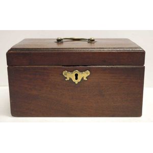 Mid Georgian mahogany and oak tea caddy with loop handle to lid,…