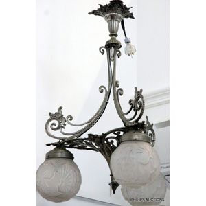 A decorative silvered bronze chandelier, with glass by Muller&hellip;
