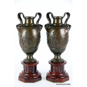A fine pair of cast bronze urn vases, late 19th century, signed…