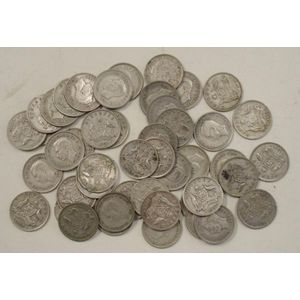 Forty five Australian six pence coins silver coins 1946-1952