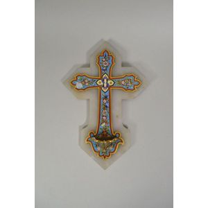 Antique French champleve enamel blessing font cross on white…
