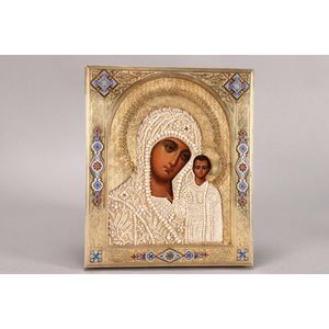 Exceptional Russian gilt silver and enamel icon, marked, Moscow,…