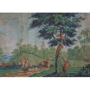 A large and very decorative painted wallpaper panel on canvas,…