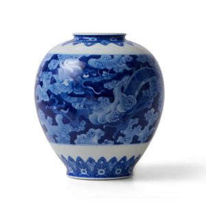 A Japanese studio blue and white dragon vase, by Koransha,…