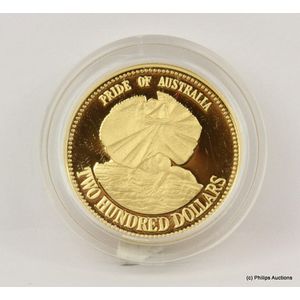 An Australian mint $200 gold proof coin dated 1989, 22ct yellow…