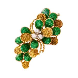 Broche Ancienne Française En Or 18k, époque Victorienne, émail Feuilles Fleurs, Avec Perle