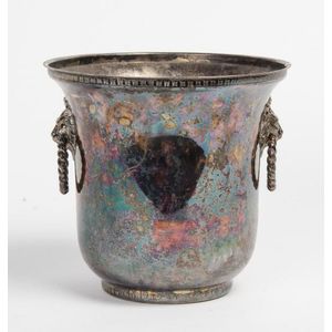 A silver plated lions head handled wine cooler, French, circa…