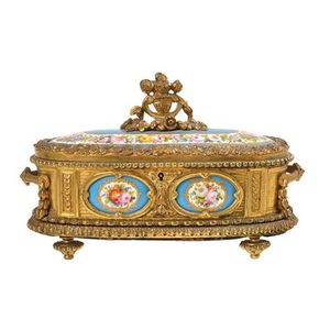 A gilt metal mounted porcelain Jewell casket, hand painted…