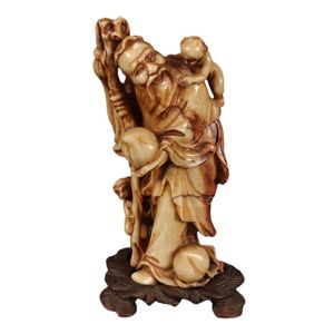 Chinese carved soapstone figure group on stand, depicting Shou&hellip;