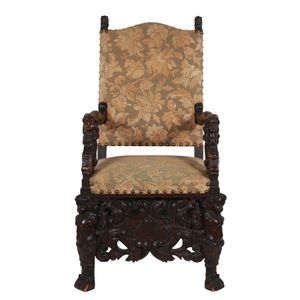 English Oak Renaissance Throne Chair with Carvings and Embroidery ...